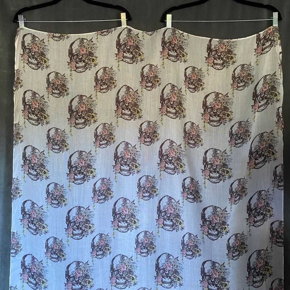 White & Black Skull with Coral & Yellow Floral Pattern Scarf Lightweight Cotton